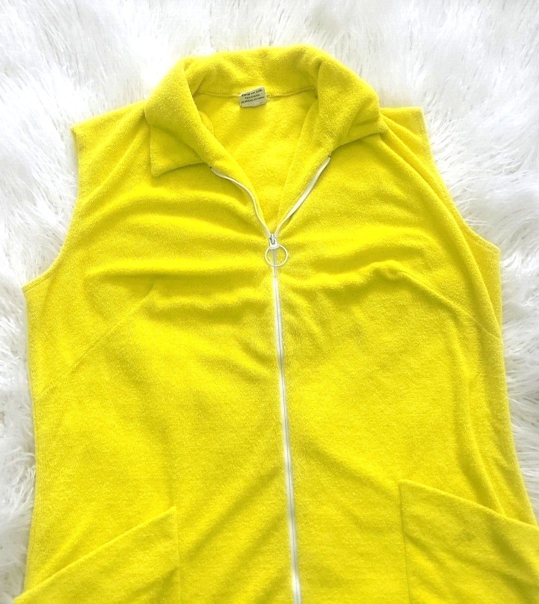 VTG 60s 70s Terry Cloth DeWeese Design Swim Coverup Dress Zip Size L Yellow Mod
