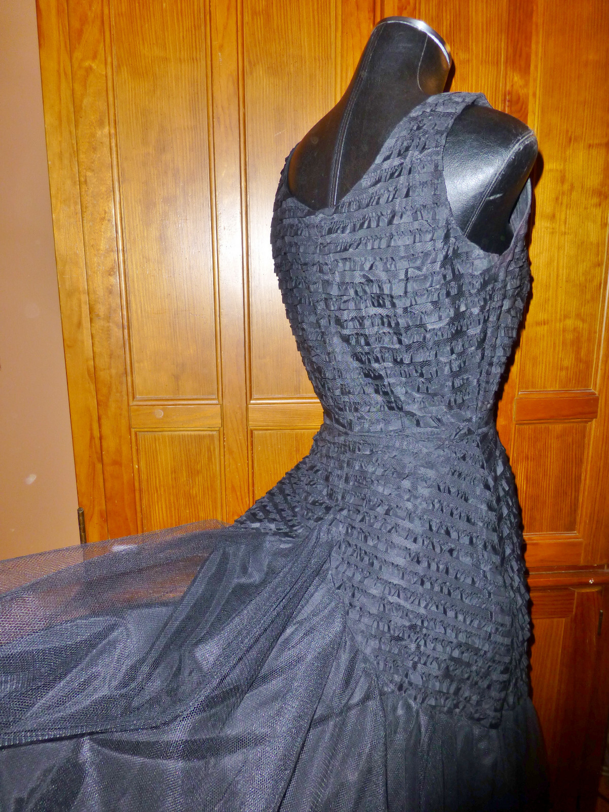 VTG 50s 60s BLACK Ribbon Tulle PinUp Wiggle Cocktail Evening Party DRESS Gown