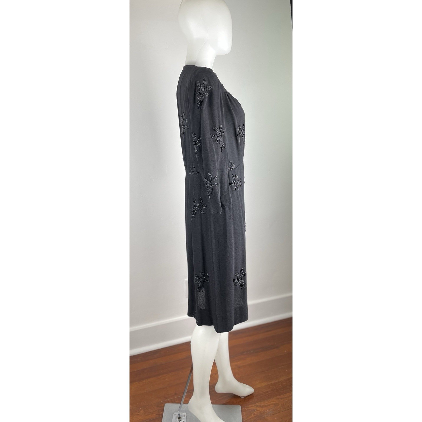 Vintage 40s Black Beaded Rayon Dress Beaded Formal Elegant READ