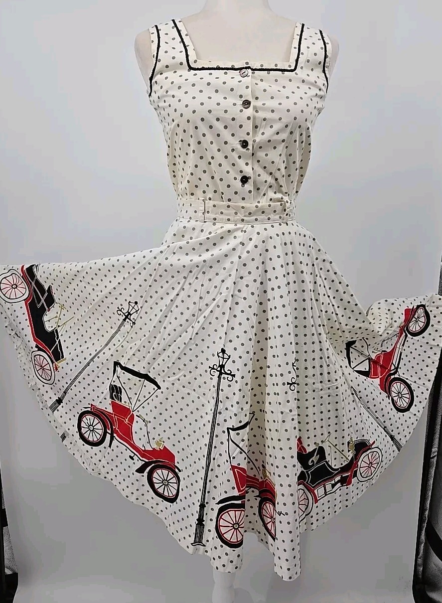 VTG 1950s California Hand Prints Circle Skirt Set, Novelty Print Model T Cars SM