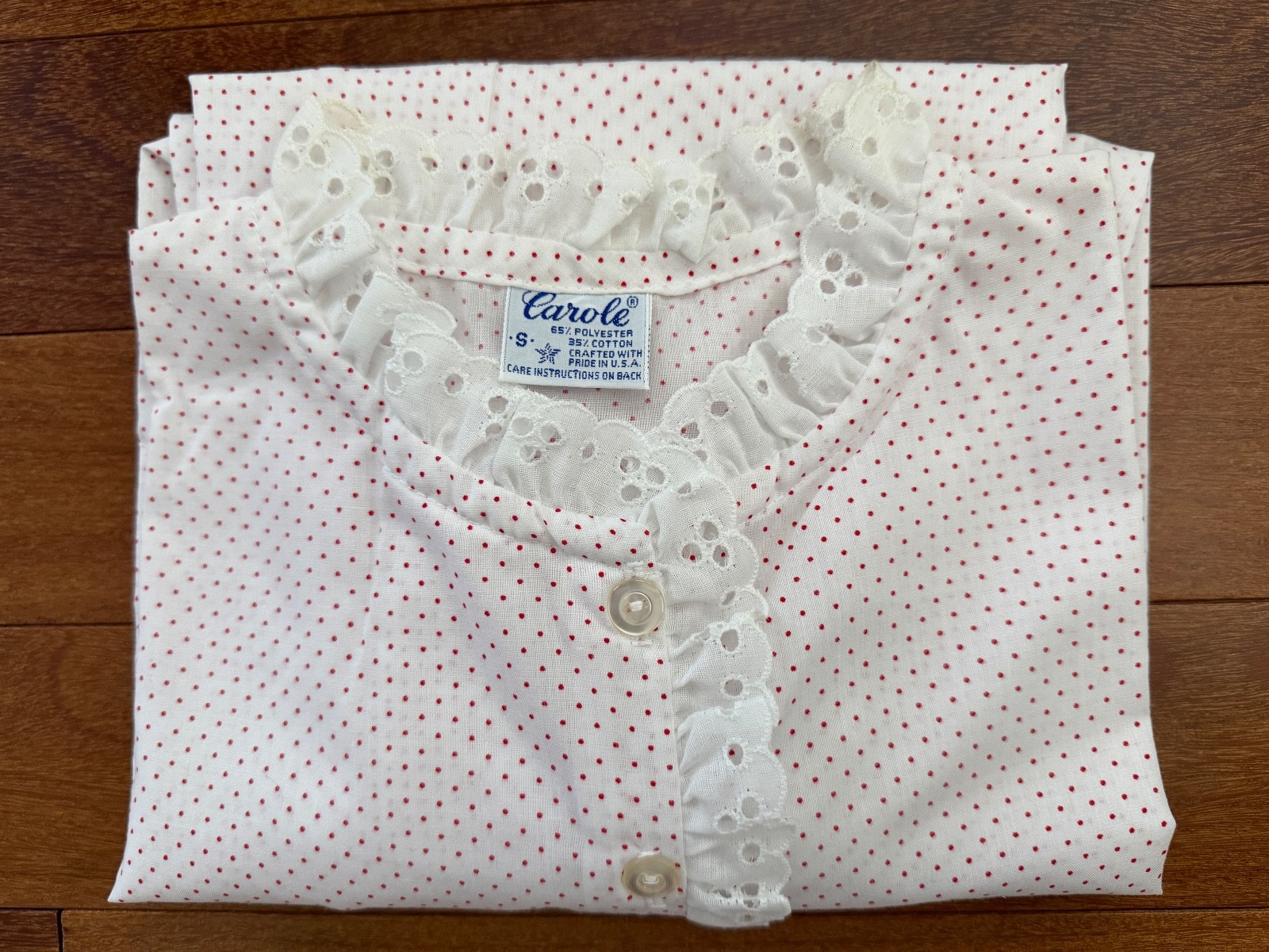 Vintage CAROLE Nightgown Gown White Red Polka Dots Eyelet Lace Buttons SMALL NOS