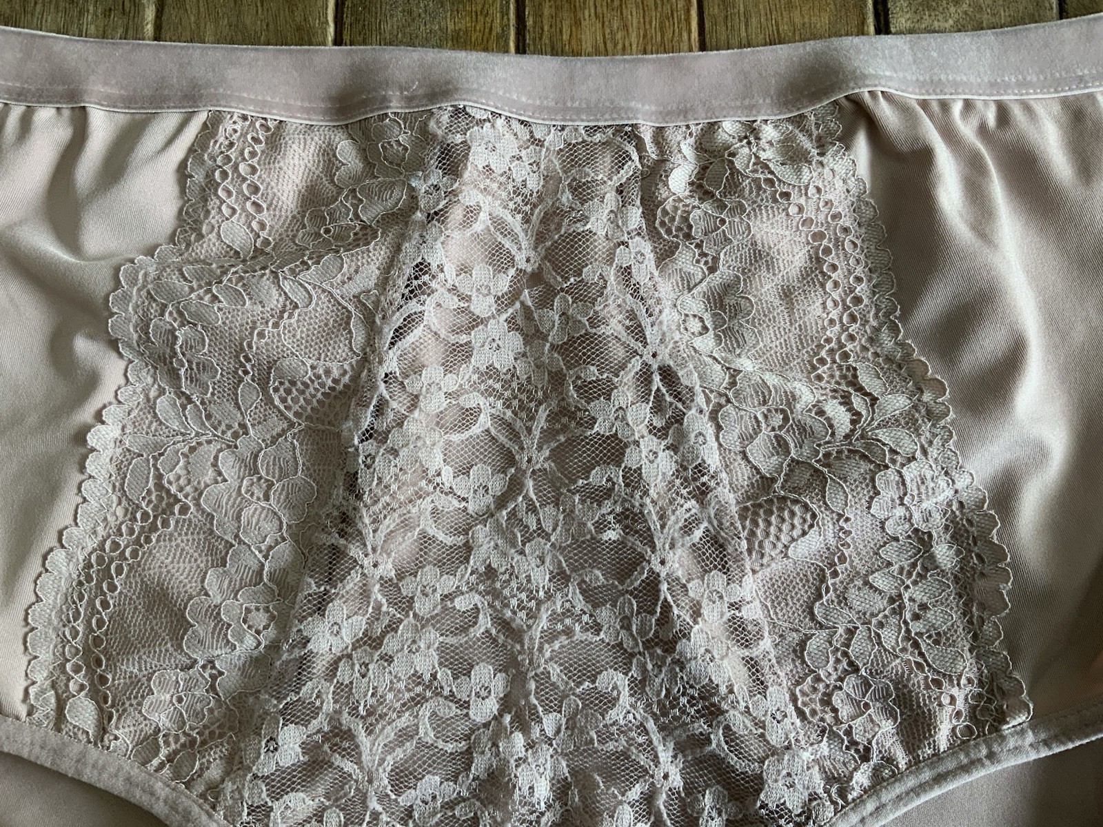 Vtg Adrienne Vittadini XL Silky Blush Satin Lace Brief Panties W Velvet Trim