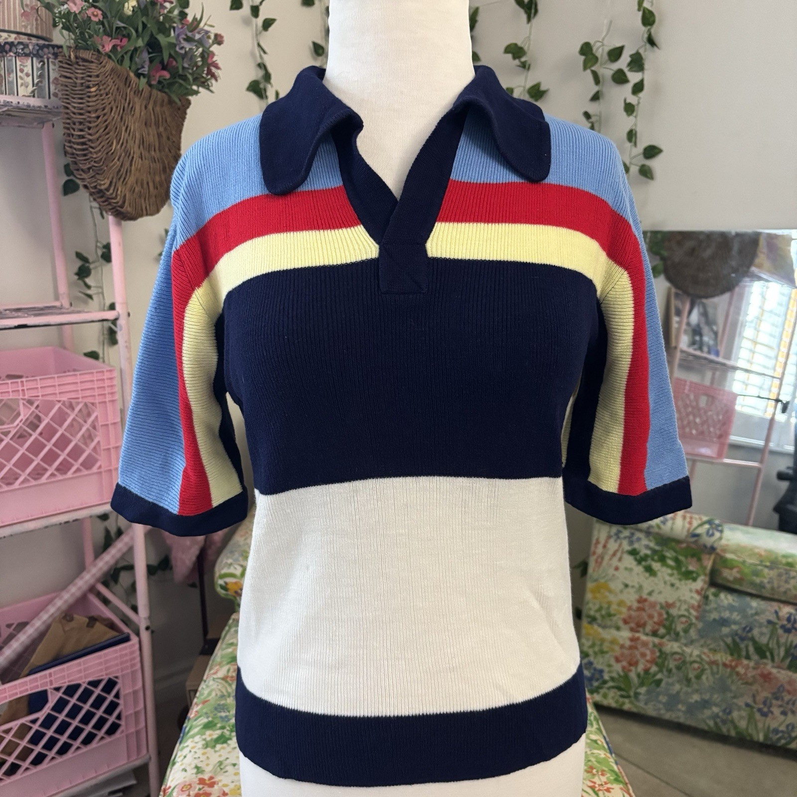 Vintage 70s Women Gary Reed Knit Polo Shirt Striped | Short Sleeve Size M