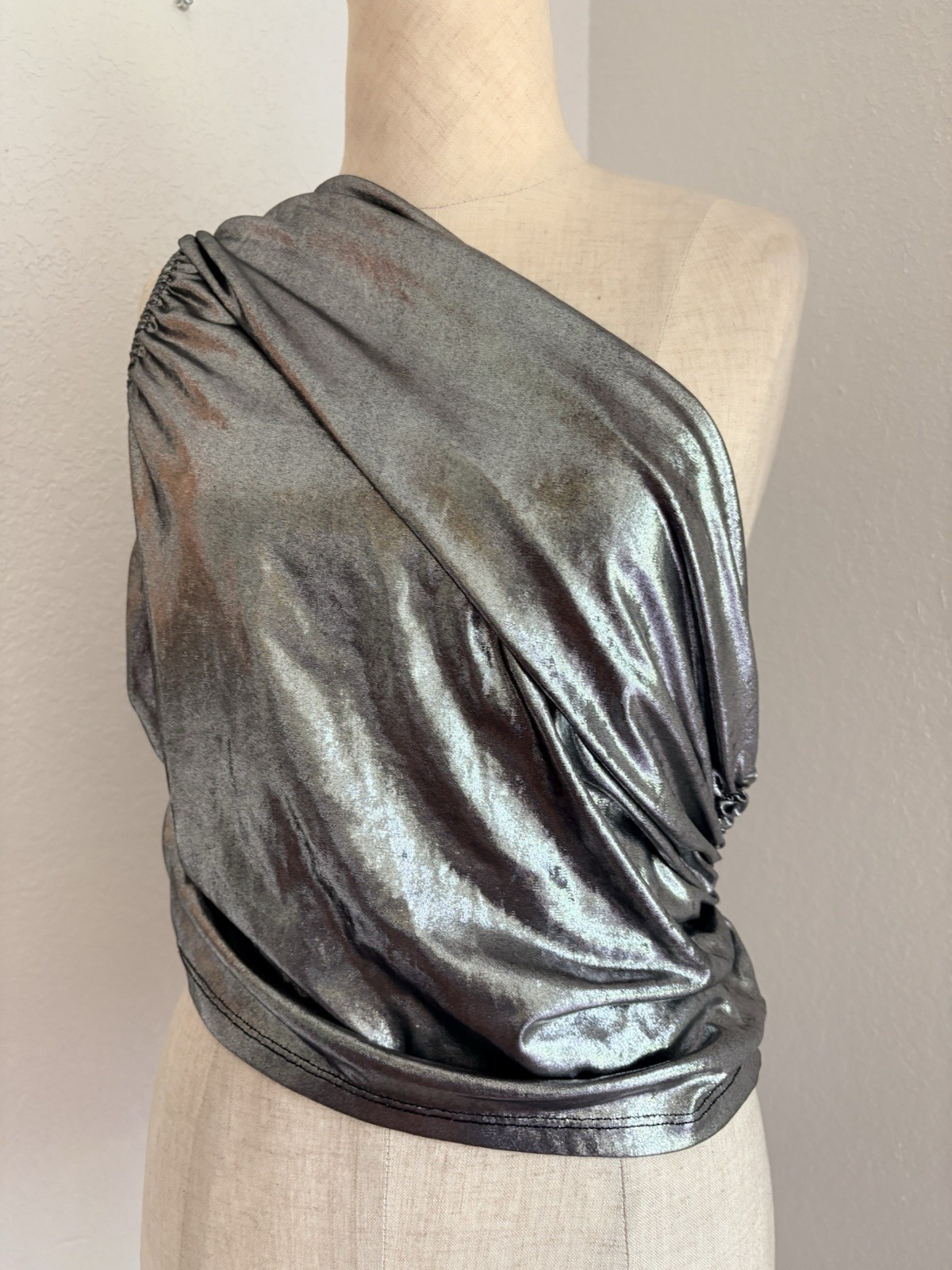 VTG WearEver Top One Shoulder Going Out Top Metallic Silver Lame Slinky Crop Y2K