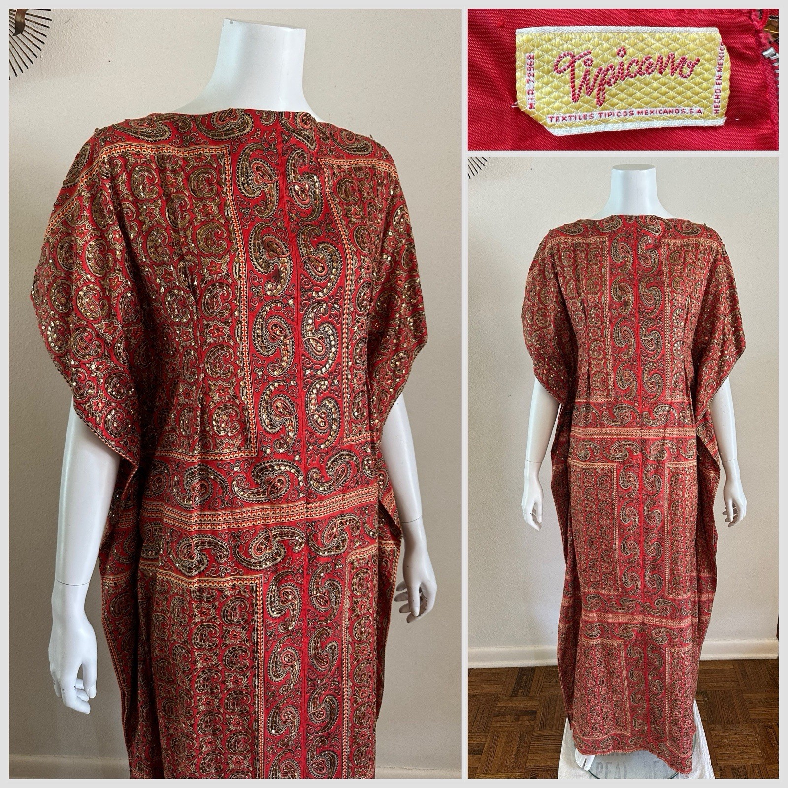 1960s Tipicano Sequined Caftan Hostess Dress Maxi Tunic Resort Sparkle 70s VTG