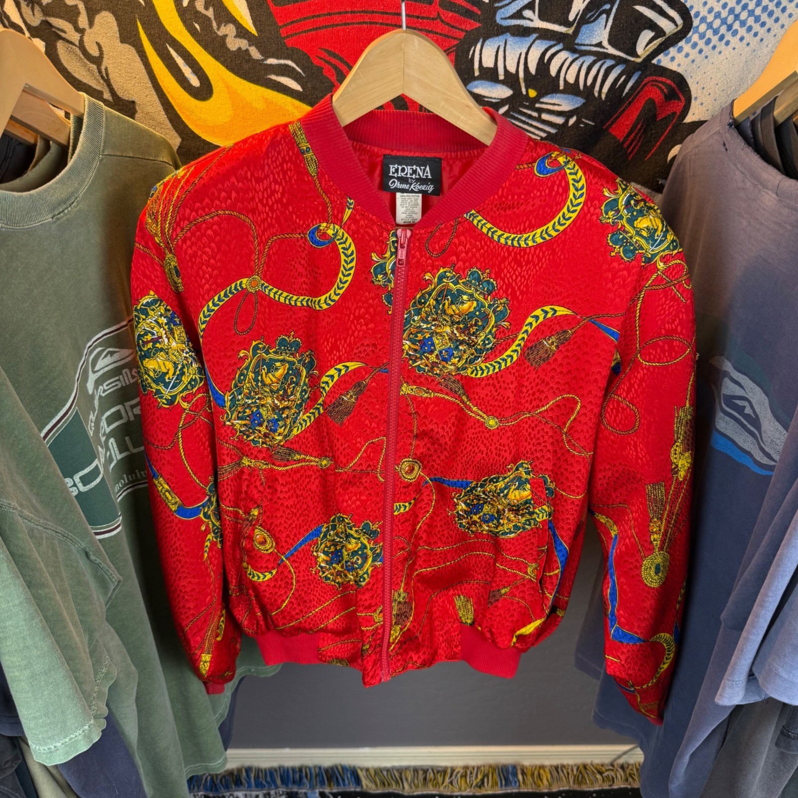 Vintage Erena by Irene Koenig Red Scarf Print Bomber Jacket Crest Gold Chain M