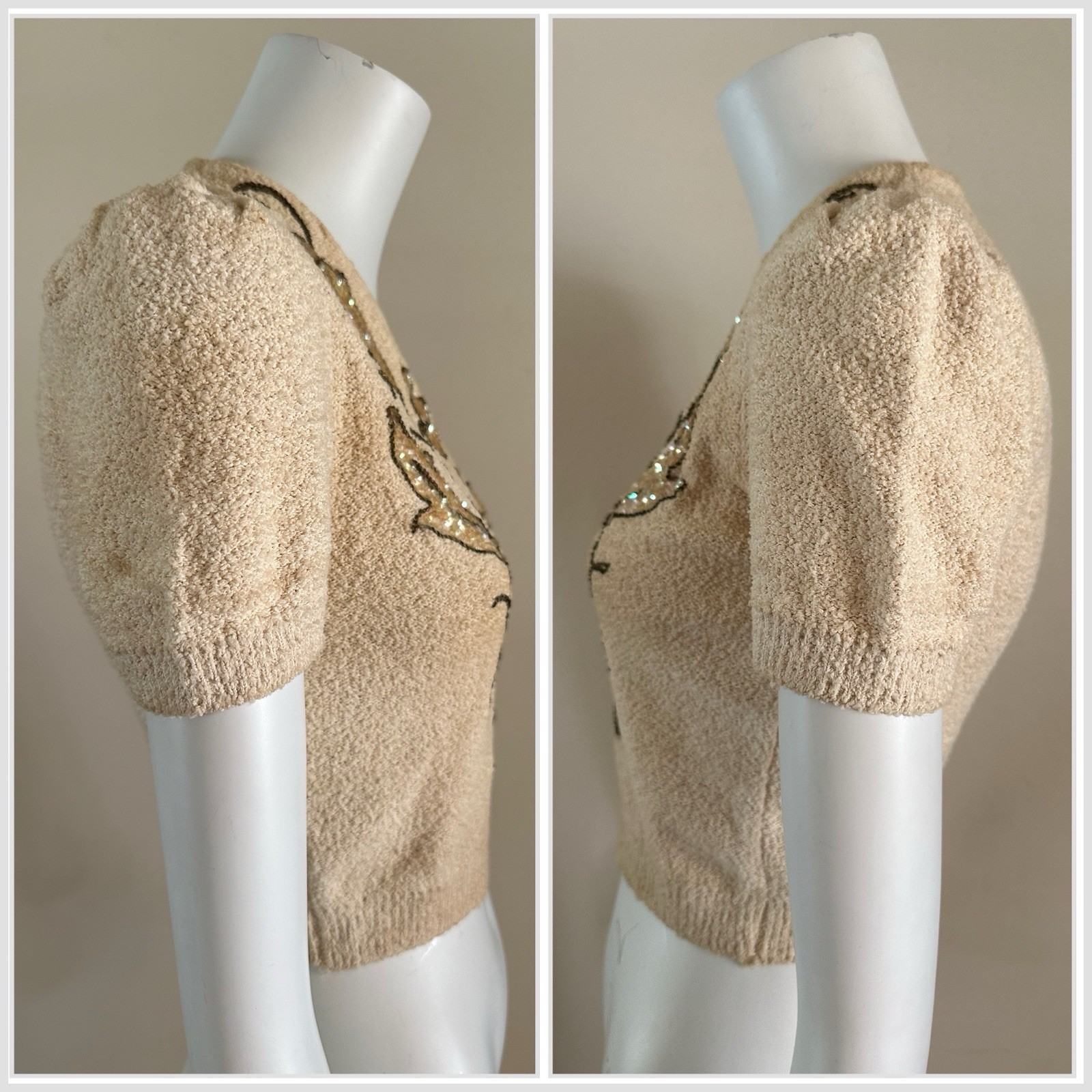 1930s Boucle Sequin Cardigan Sweater Talon Bell Zip Puff Sleeve Art Deco