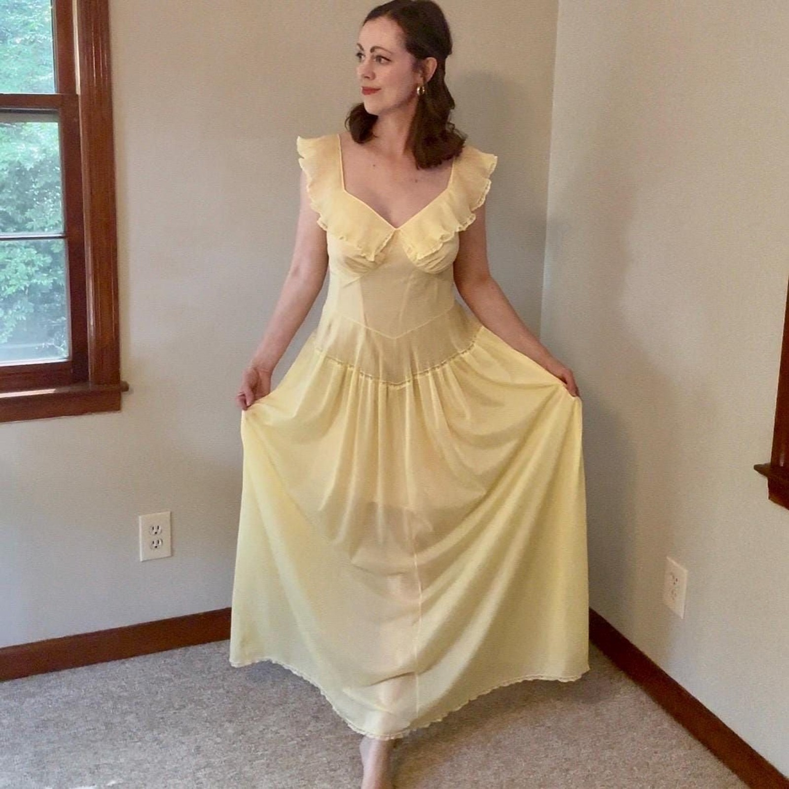 Vintage 70s Vanity Fair Romantic Ethereal Sheer Yellow Slip Dress Size Small