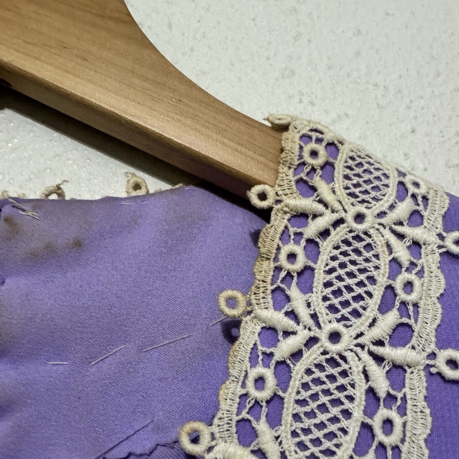 Vintage 60s Maxi Dress Purple chiffon size XS handmade crochet lace detail
