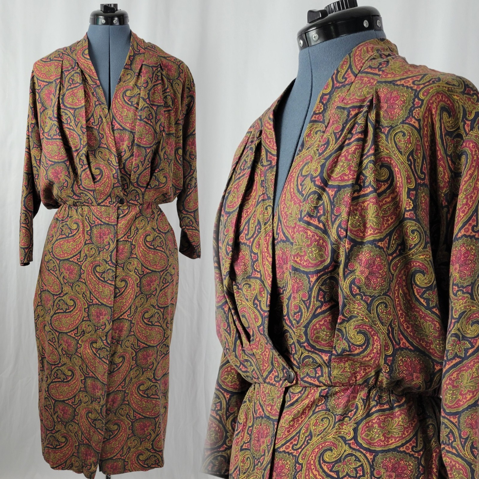Vintage Our’s Wine/Navy/Brown Paisley Print Blouson Dress w Wrap Bodice Size 14