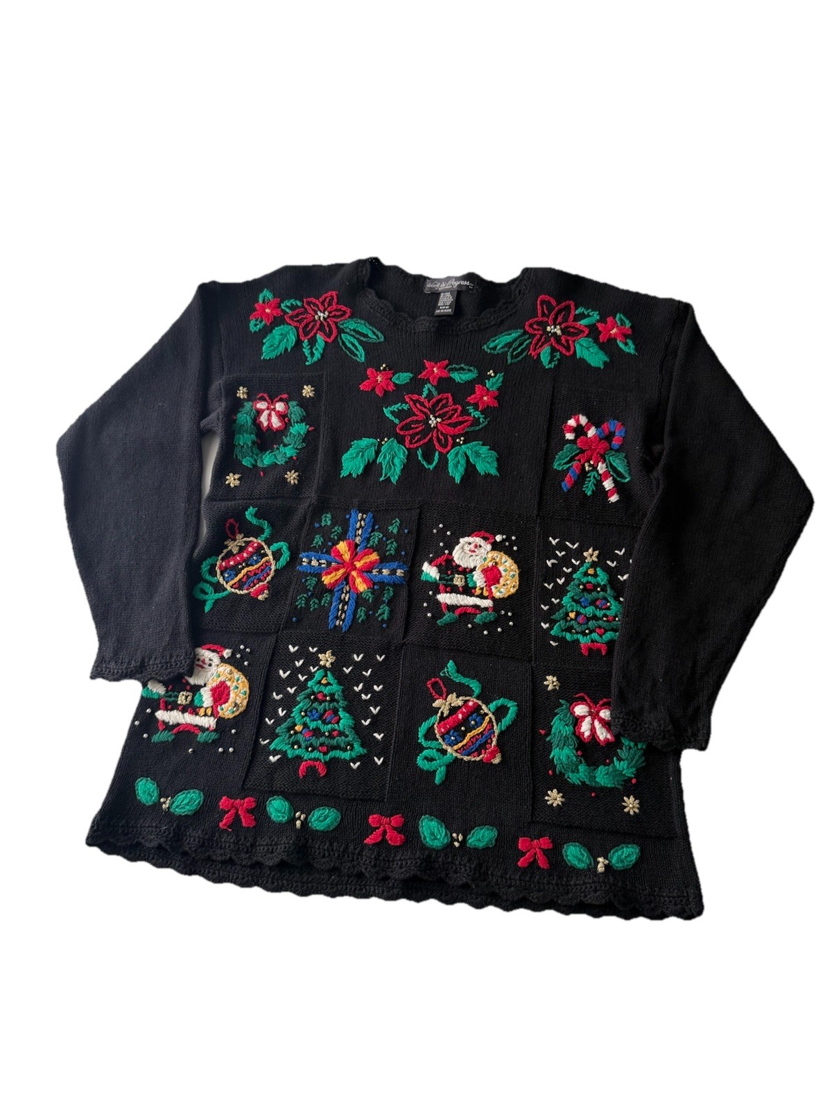 Work in Progress Gladys Bagley black Scalloped Holiday embroidery sweater M Flaw
