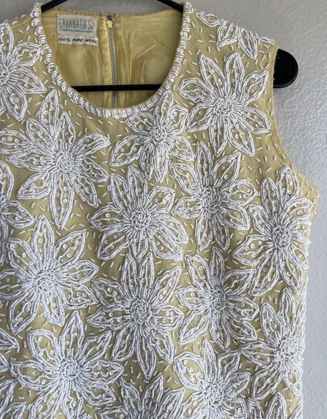 Cavanagh’s 1960s yellow pure wool shell top White Beaded