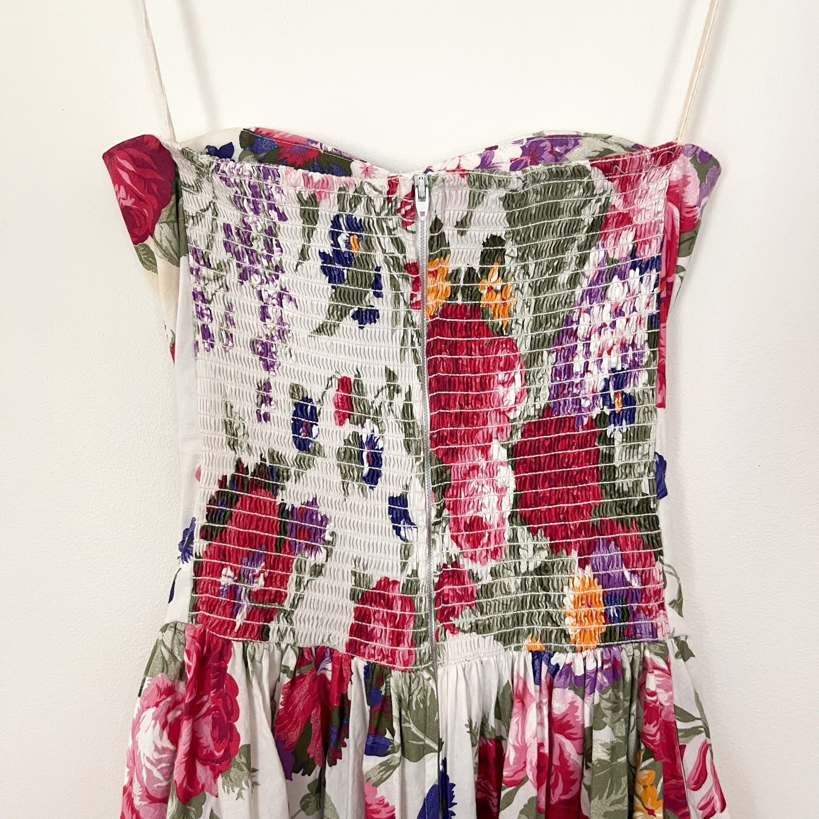 Vintage 80s Strapless Basque Waist Floral Midi Dress with Pink & Purple Blooms