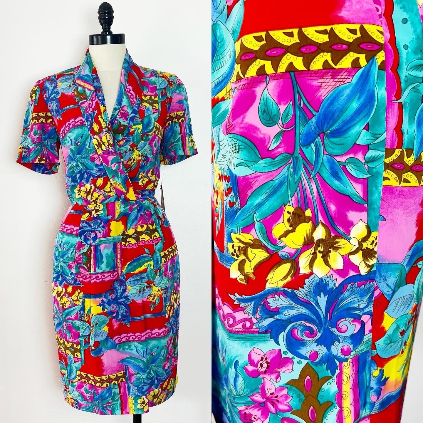 LIZ CLAIBORNE Deadstock 1990’s 90s Vintage Floral Wrap Bust Spring Dress 6P S M