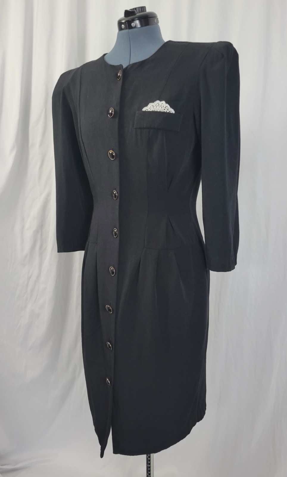 Vtg All That Jazz Black Button Down Sheath Dress w Lace Pocket Square Size 11/12