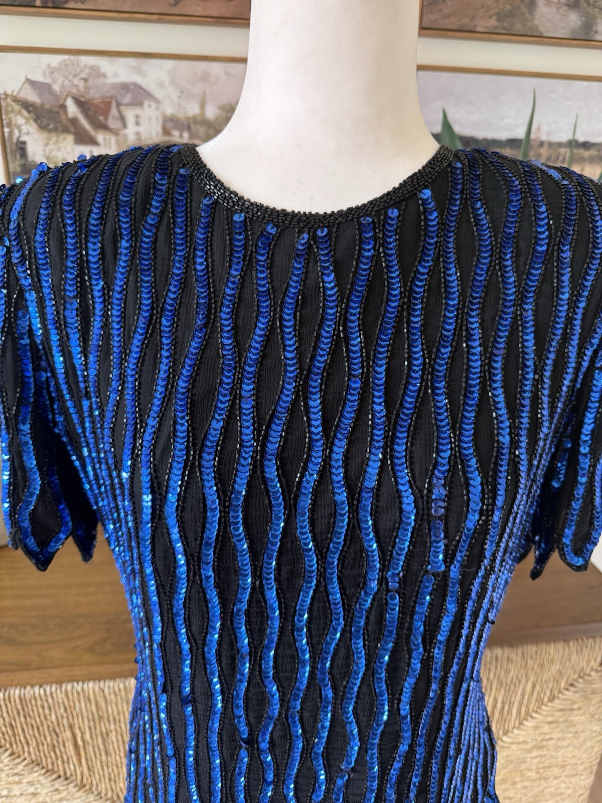 1980’s Stenay Electric Blue And Black Silk & Sequined Top M