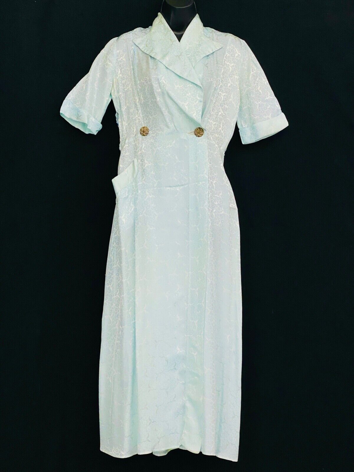 Vintage 1940s dressing robe, silky pastel blue green floral maxi dress 1930s S