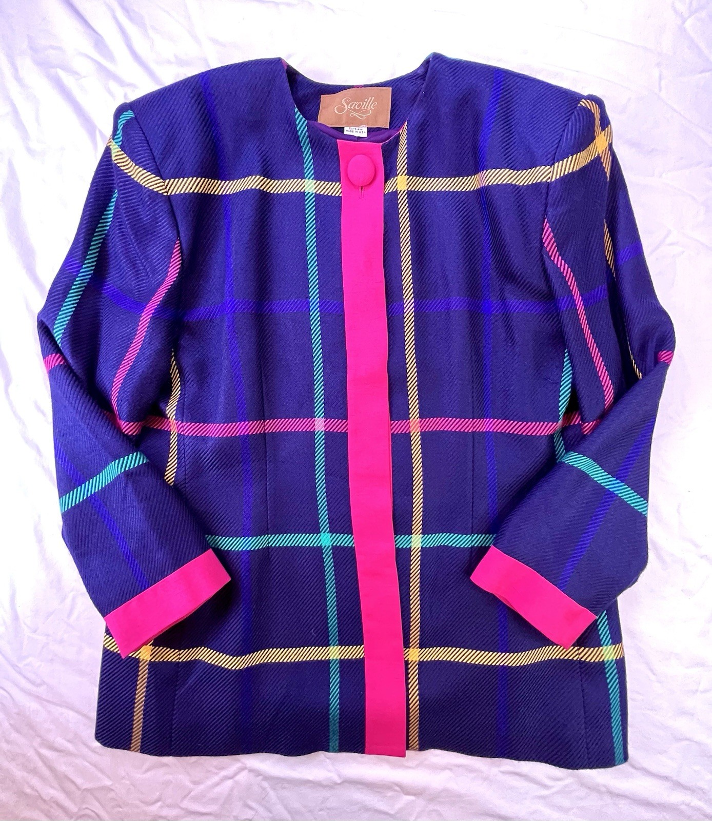 Vintage 80’s Saville Lined Jacket Blazer Tartan Plaid Blue Pink Sz 12 Large
