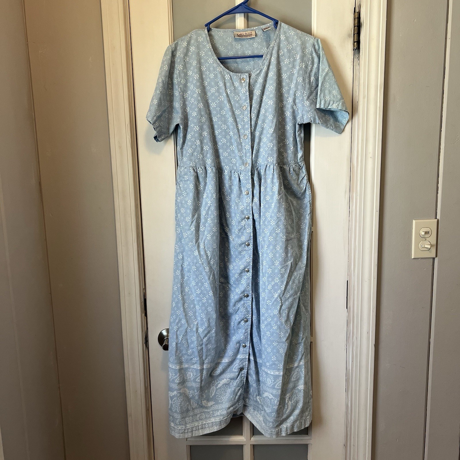 VTG 90s Cottage Core Dress Women’s Small Blue Floral Cotton Button Front Maxi