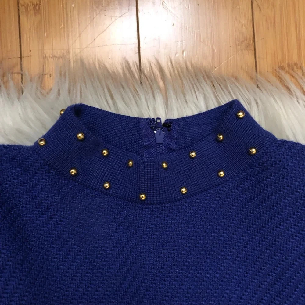 Vintage 70s 80s CIAO Ltd Wool Preppy Gold Stud Cobalt Midi Knot Sweater Dress 12