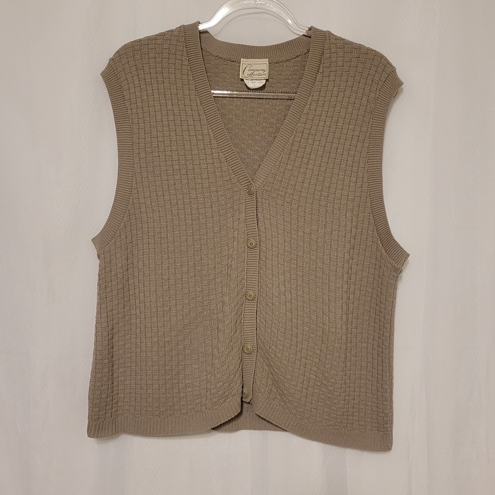 VTG 80s 90s Company Collection Wmn’s Taupe Basket Weave Knit Sweater Vest Sz L