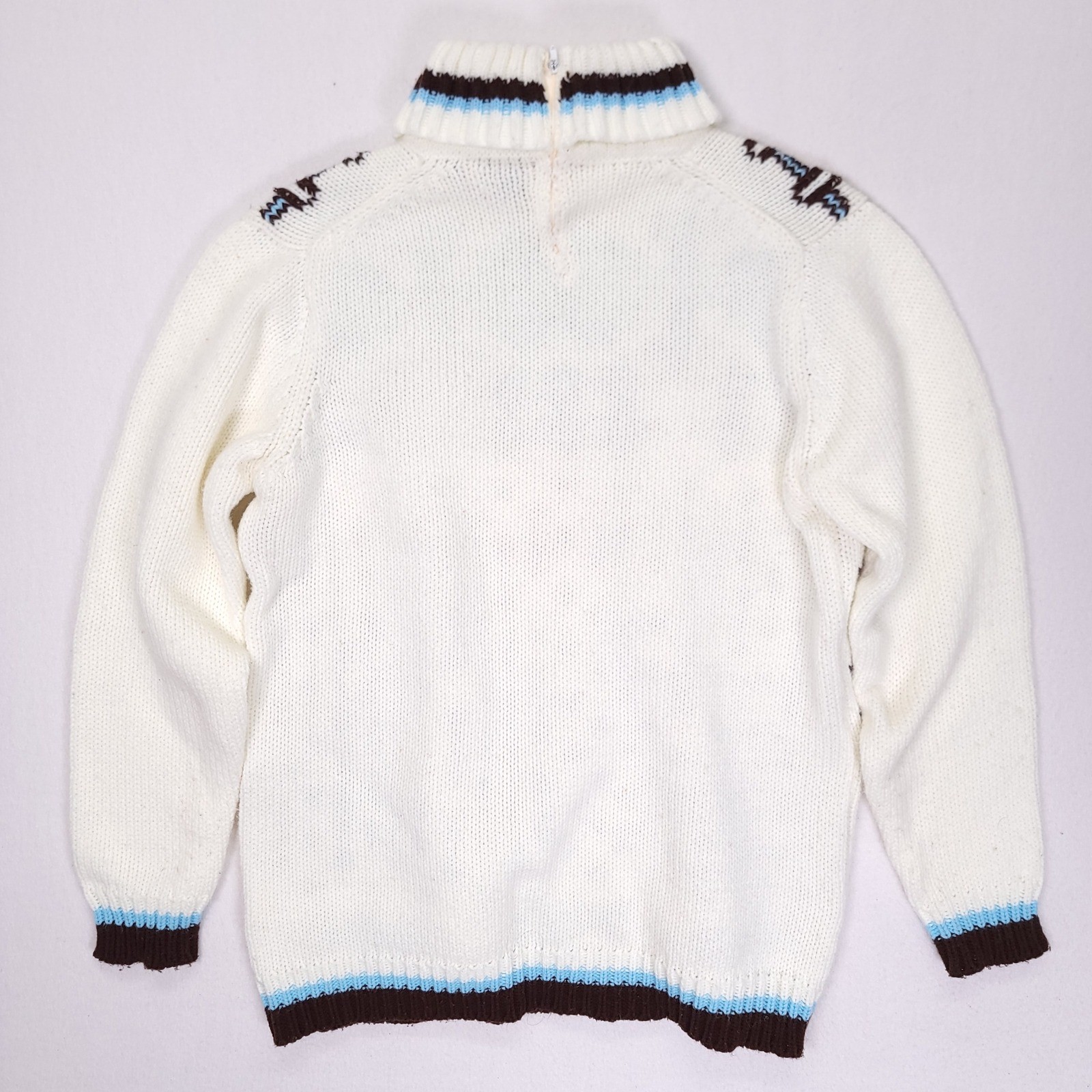 Vintage Lady Woo of Calif Nordic Fair Isle Turtleneck Sweater White Blue Brown M