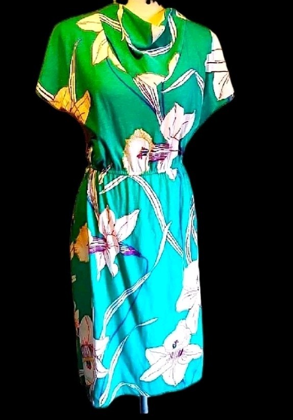 VTG 70s Soft Jersey Semi Fitted Bright Florals Midi Beach, Poolside Dress S
