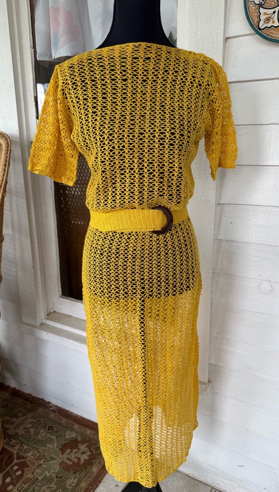 Vintage 1930s Mustard Yellow Cotton Crochet Tea Dress With Belt Size S