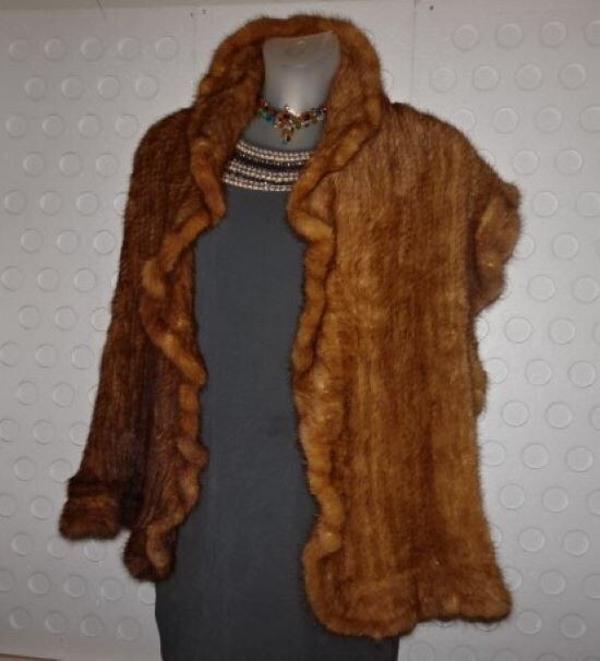 Genuine Knit Mink Fur Stole W/ Ruffles Shrug Shawl Wrap Hook Closure 68×15 S/O