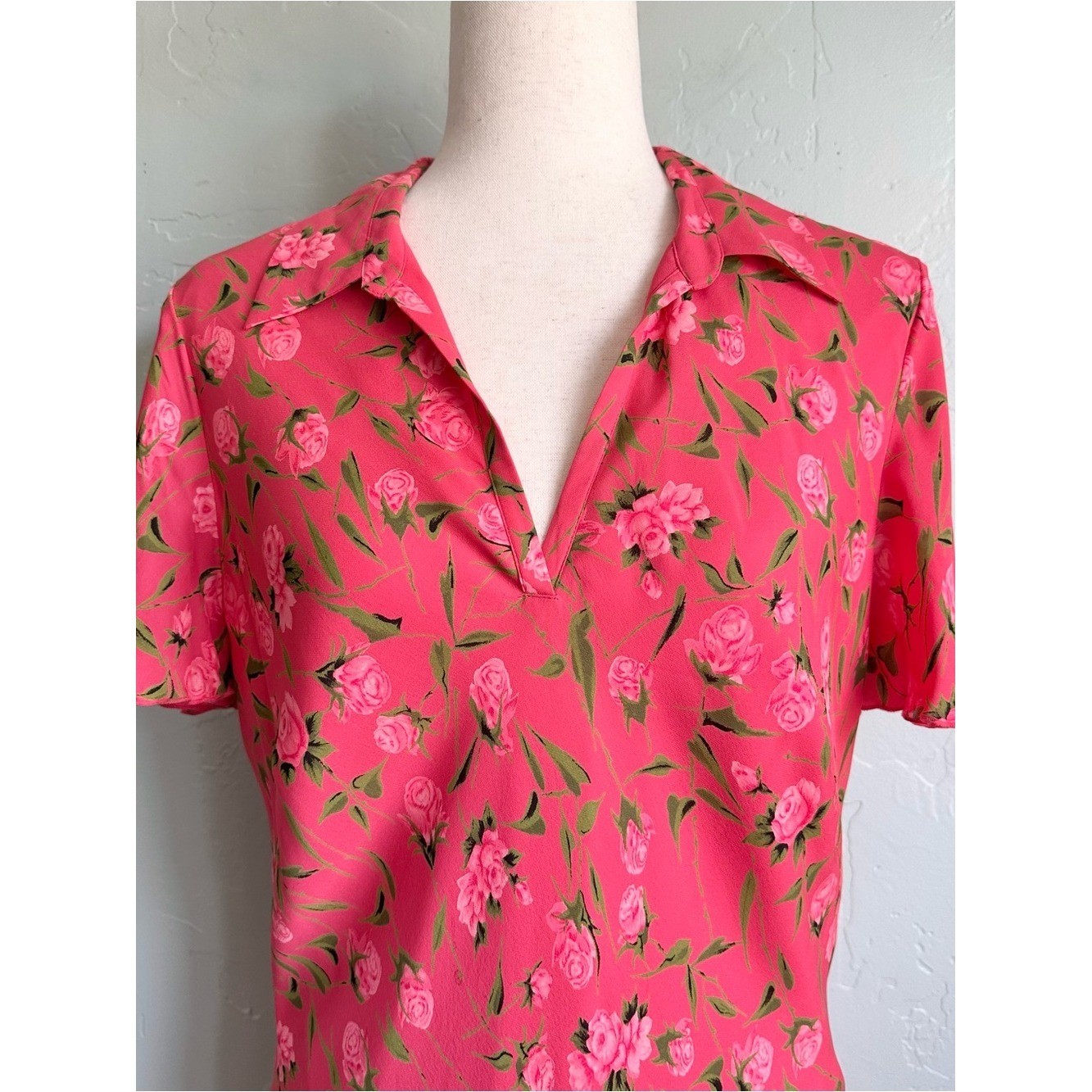 Vintage Casual Corner Pink Floral Roses 100% Silk Midi Dress 12 Cottage Garden