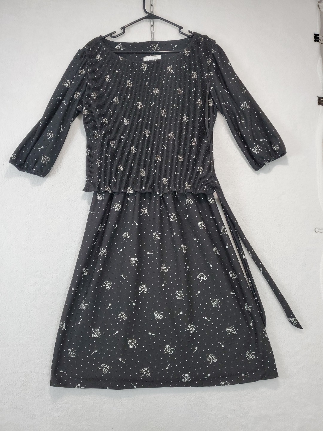 Vtg 70s Laurel Ridge Black Floral Midi Dress Smocked Overlay Top A Line Sz 15/16