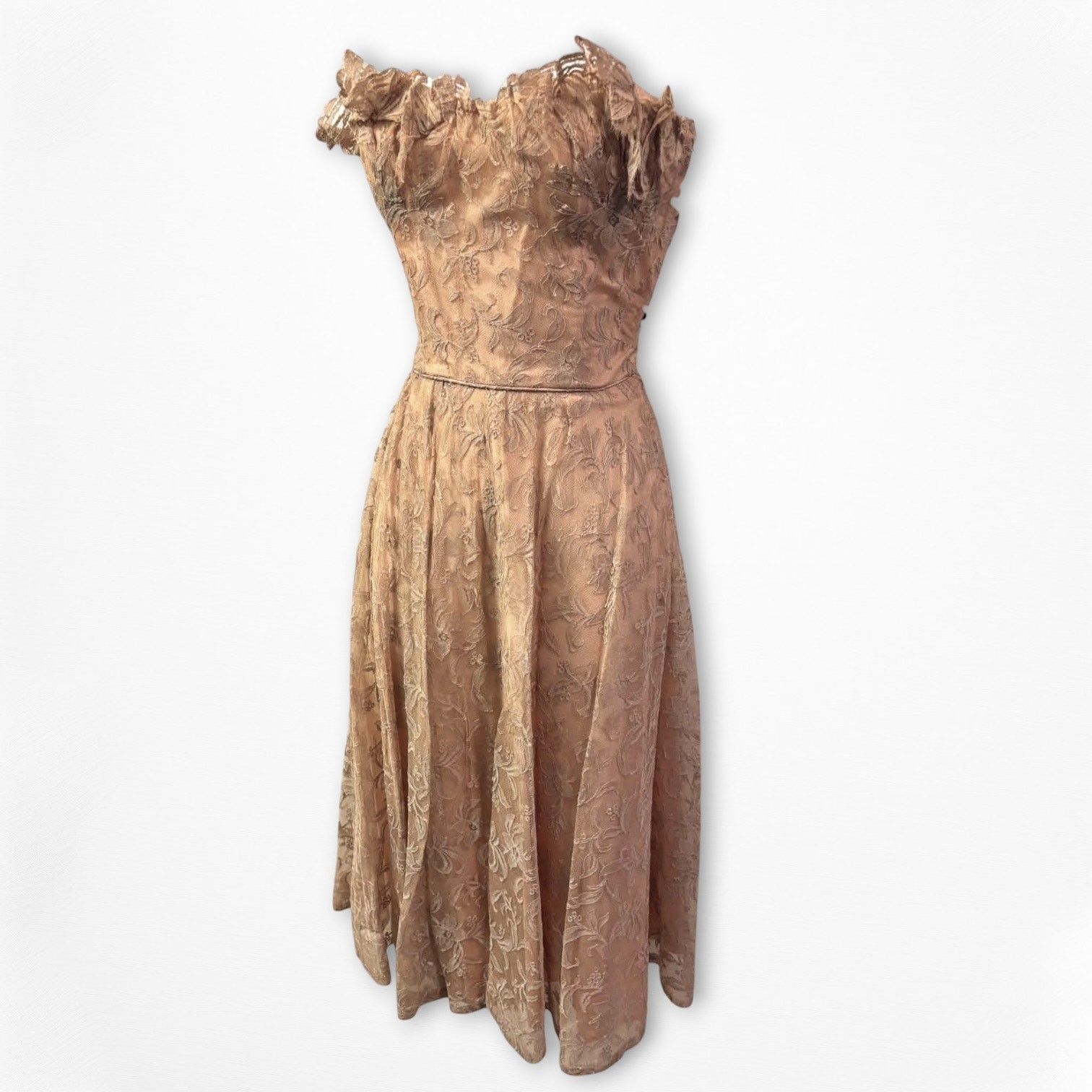 1950s Ceil Chapman Blush/Taupe Lace Cocktail Dress Strapless Petal Neckline