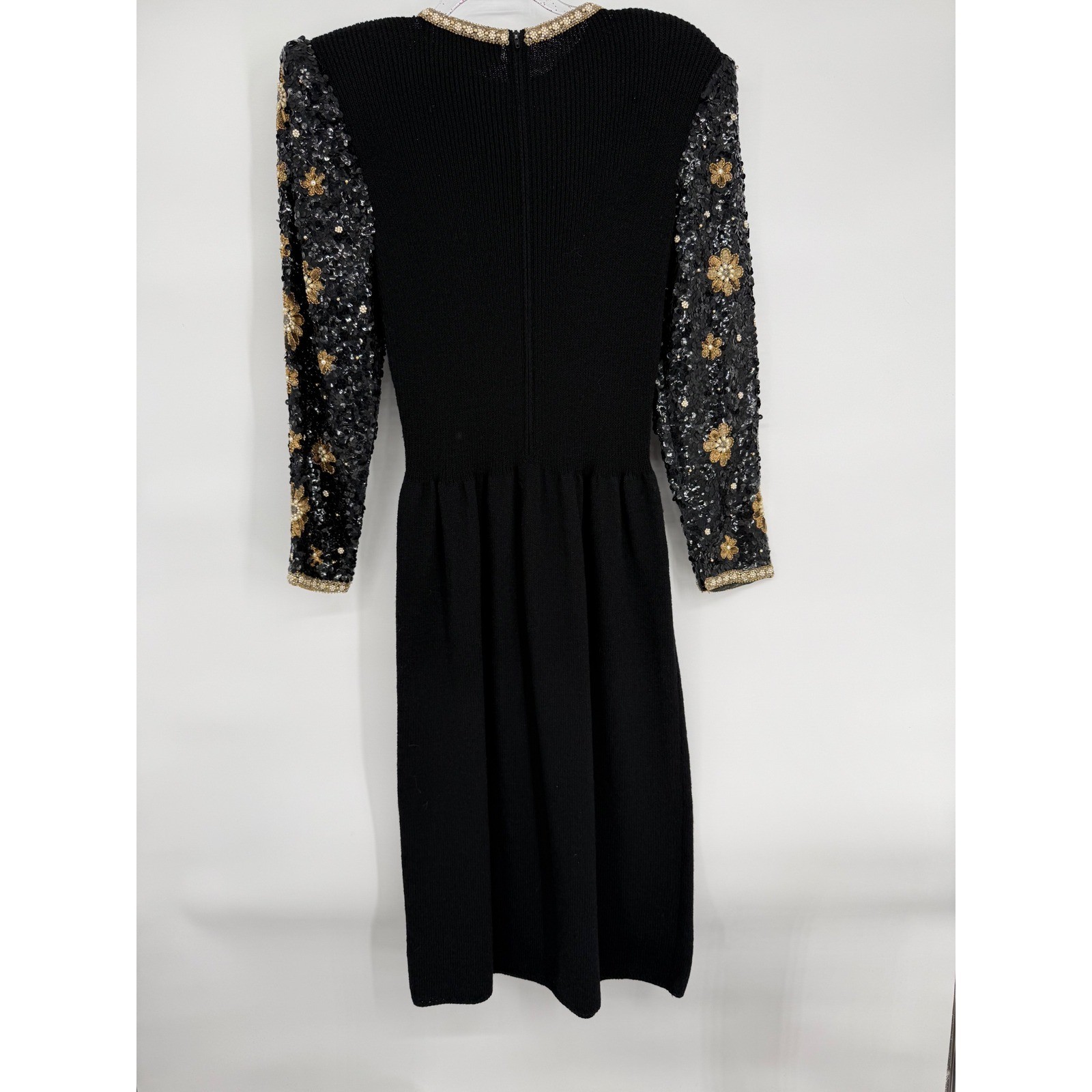 Pat Sandler Wellmore Vintage Wool Dress Black Gold Sequin Floral Beaded Sz 14