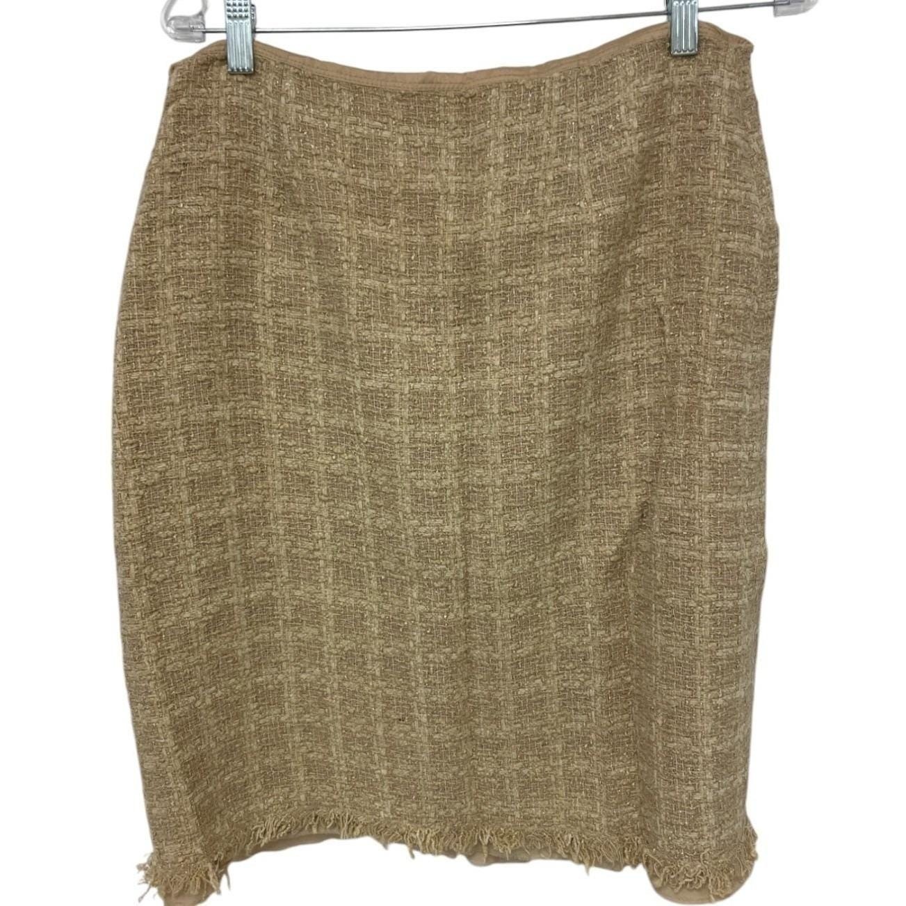 Vtg Tweed Skirt Fringe Hem CareerWear Neutral Professional 12 Teri Jon Sparkly