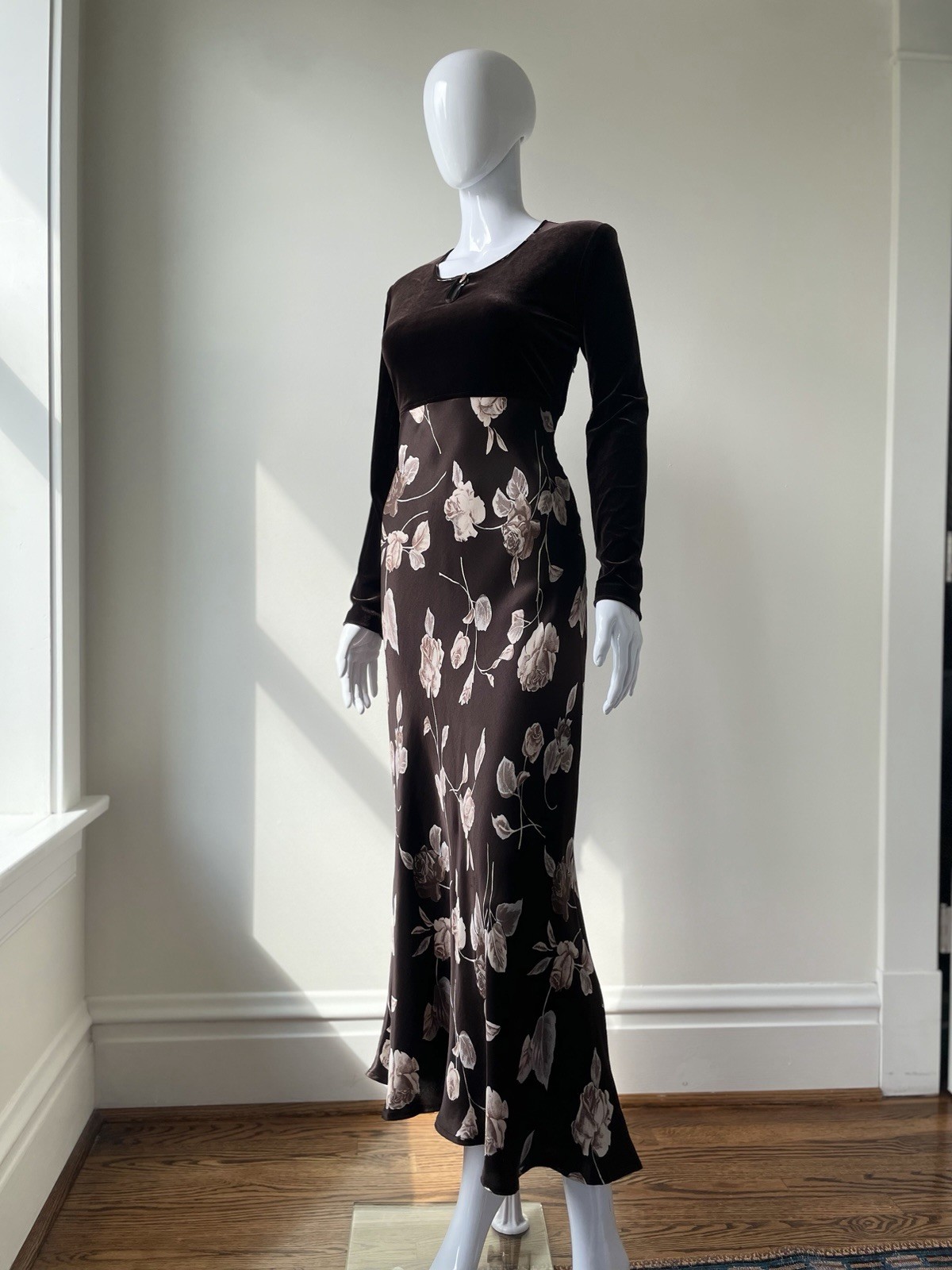 Vintage S M Dress Maxi Velour Satin Rose Floral print 90s Brown VGUC