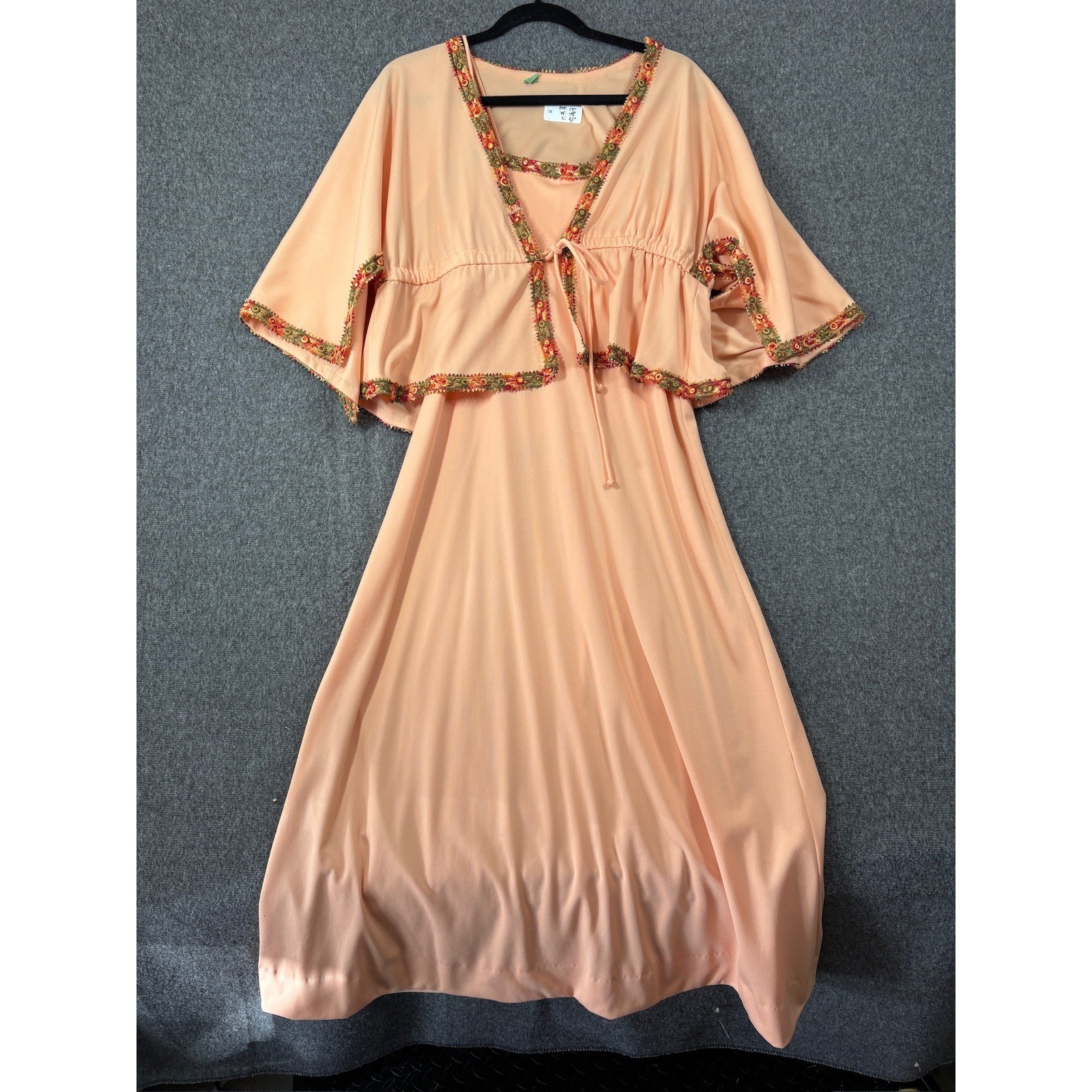 Vintage 70s Peach Capelet Maxi Dress Flutter Sleeve Floral Embroidery Boho Peach