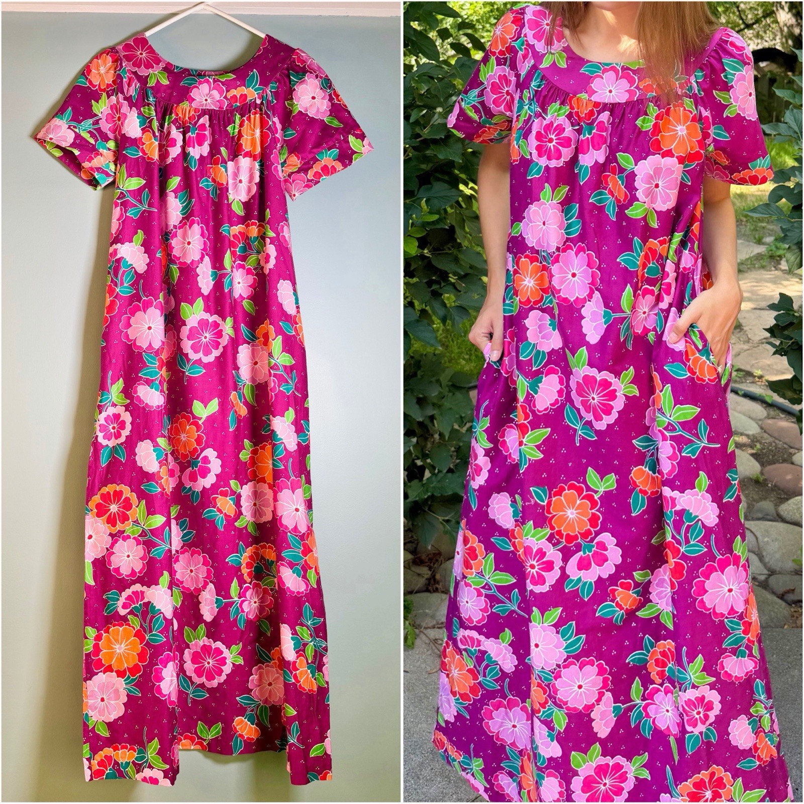 Vintage 1970s Hawaiian Muumuu Dress Flower Power Soft Cotton 70s Boho Hippie
