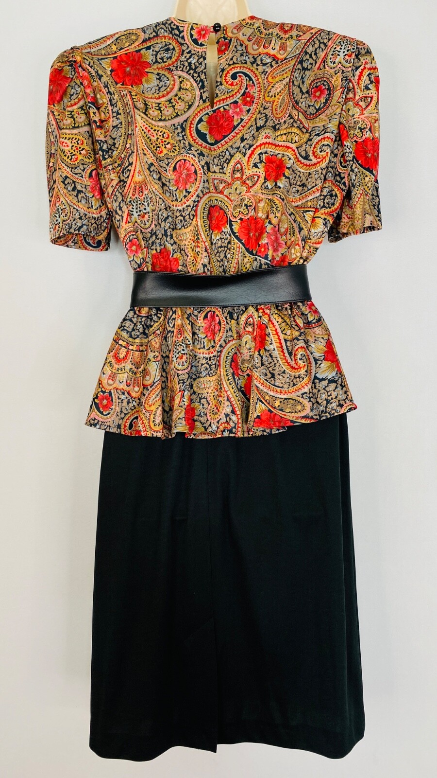 Vintage 1980s red floral peplum dress, 1940s style short sleeve midi black suit