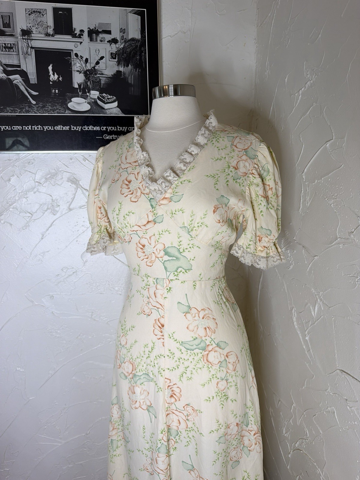 Vintage Yellow Rayon dress with Lace Trim 1930s/1940s Antique, Read Bias Cut