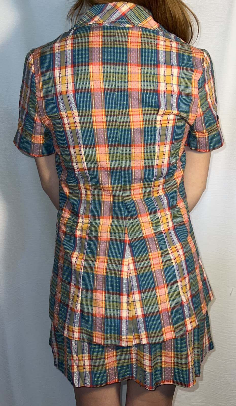 1970s Vtg 2pc Skirt Suit S Multicolored Nubby Plaid Short Sleeve Miss Pat w Belt
