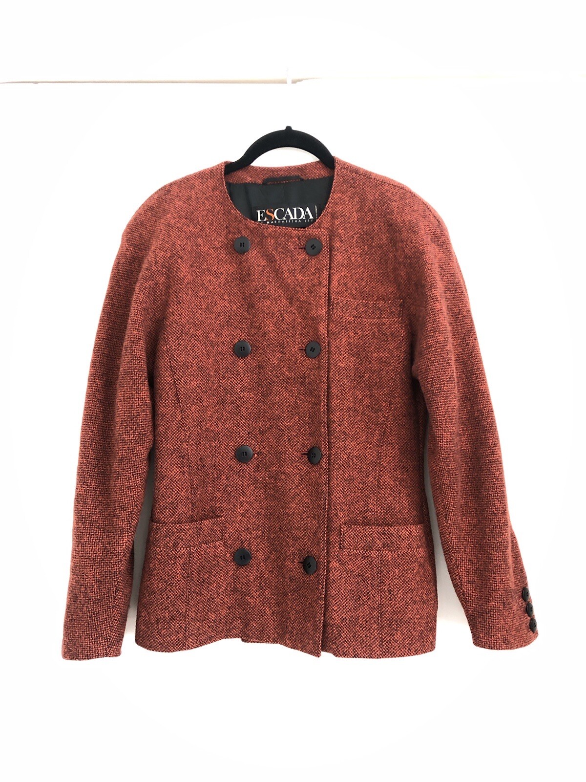 Vintage Red Black Tweed Jacket Blazer Cardigan Double Breasted by Escada 34 XS