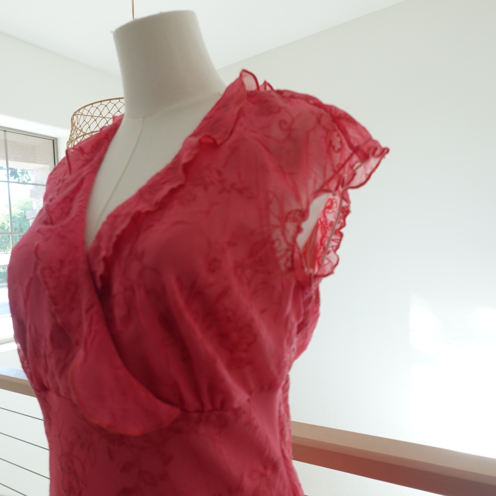Vtg 90s Y2K CDC Dress M Pink Lace Mesh Overlay Wrap Midi Romantic Boho Feminine