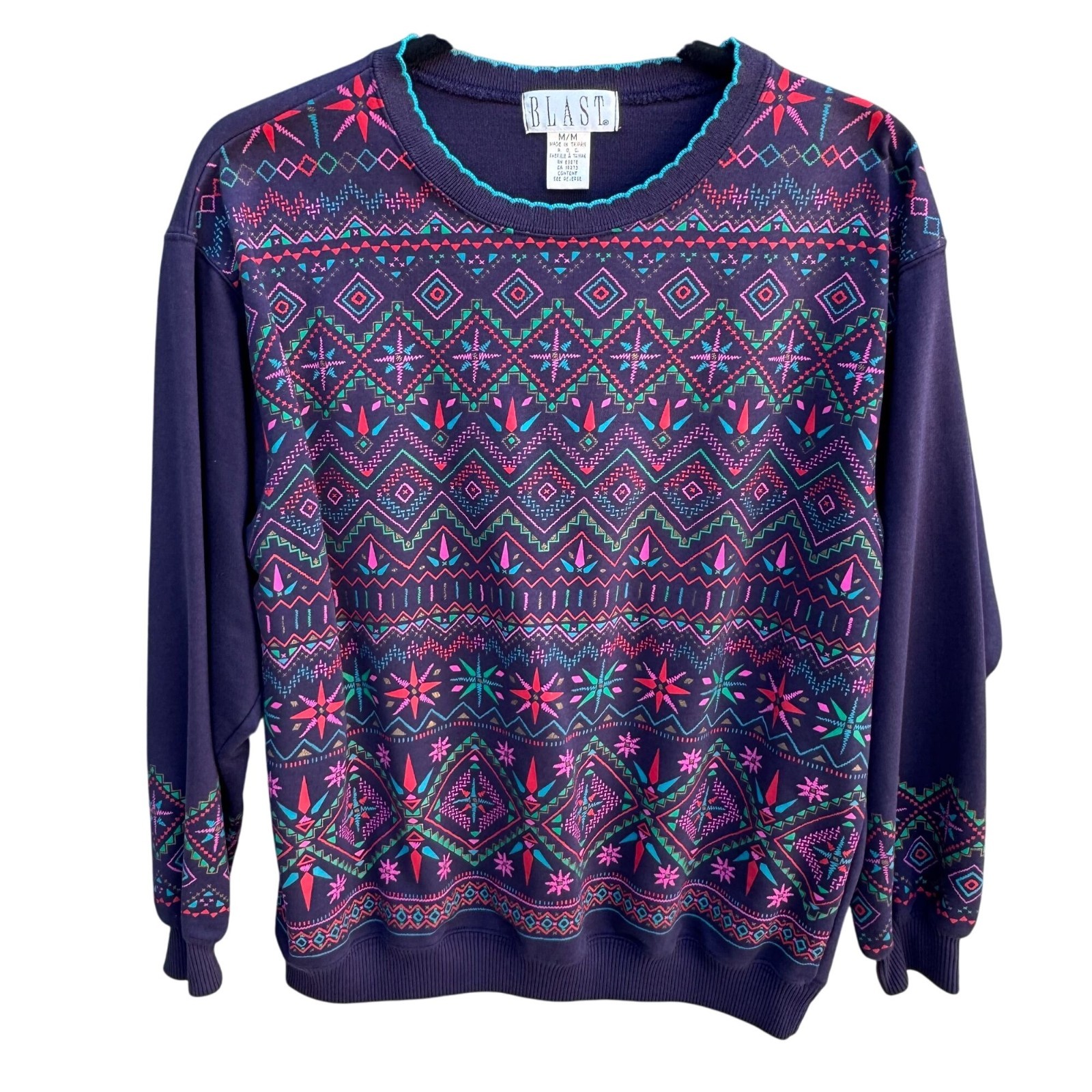 Blast Vintage 90s Geometric Fair Isle Eclectic Sweatshirt Grannycore Retro M