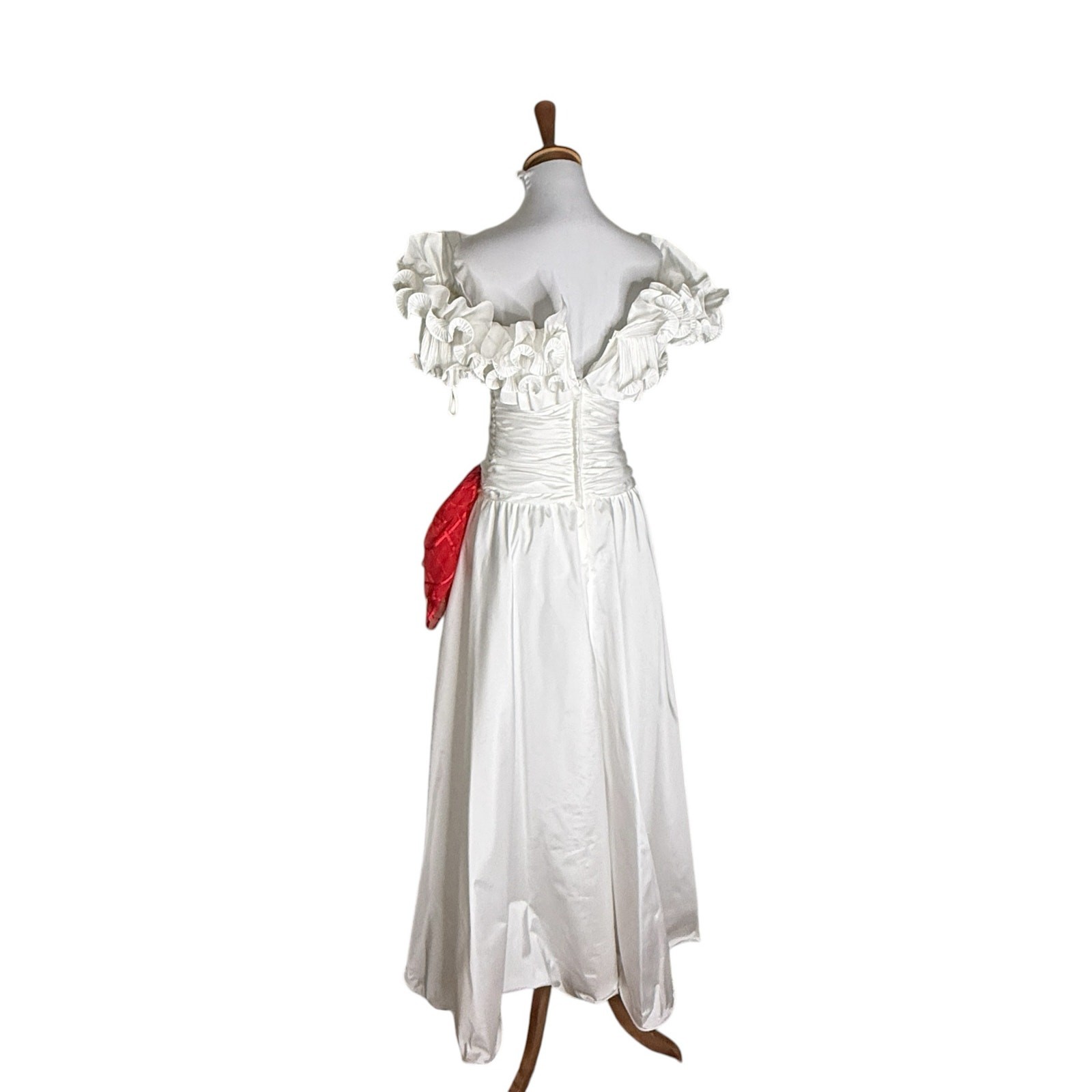Vintage 80s Alyce Designs White Taffeta Ruffle Prom Formal Dress XS