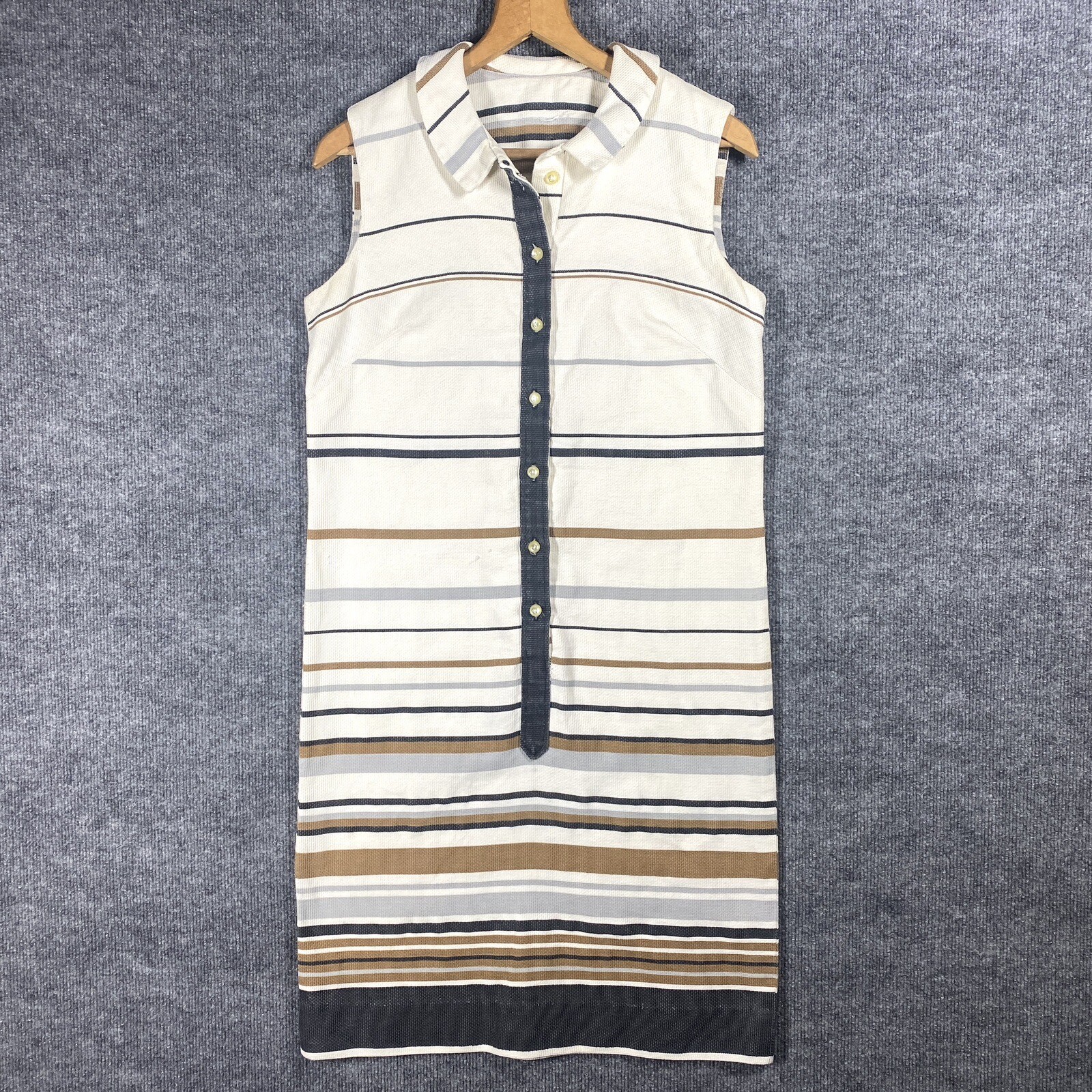 VINTAGE 50s 60s Mod A Line Shift Dress Size 14 Striped Button Up Collar 1960s