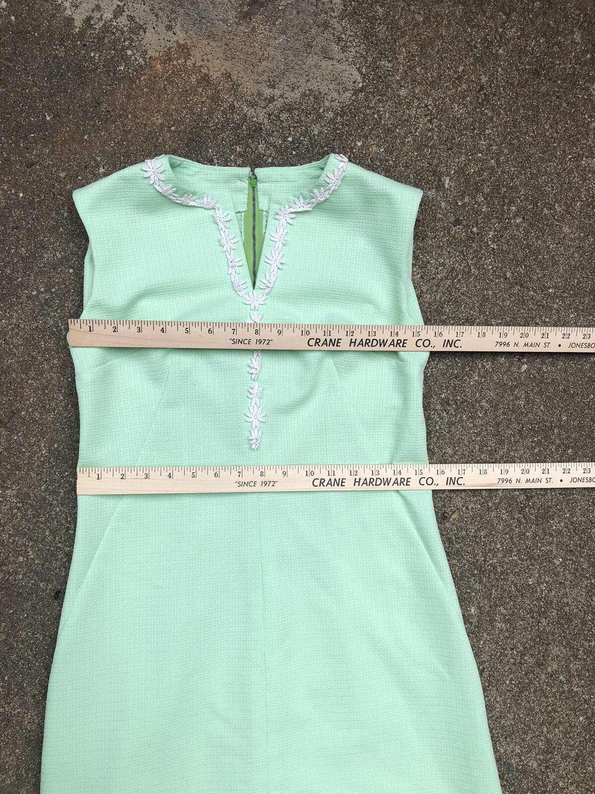 VTG 70s Mint Green Waffle Texture Polyester Sleeveless Floral Lace Maxi Dress~XS