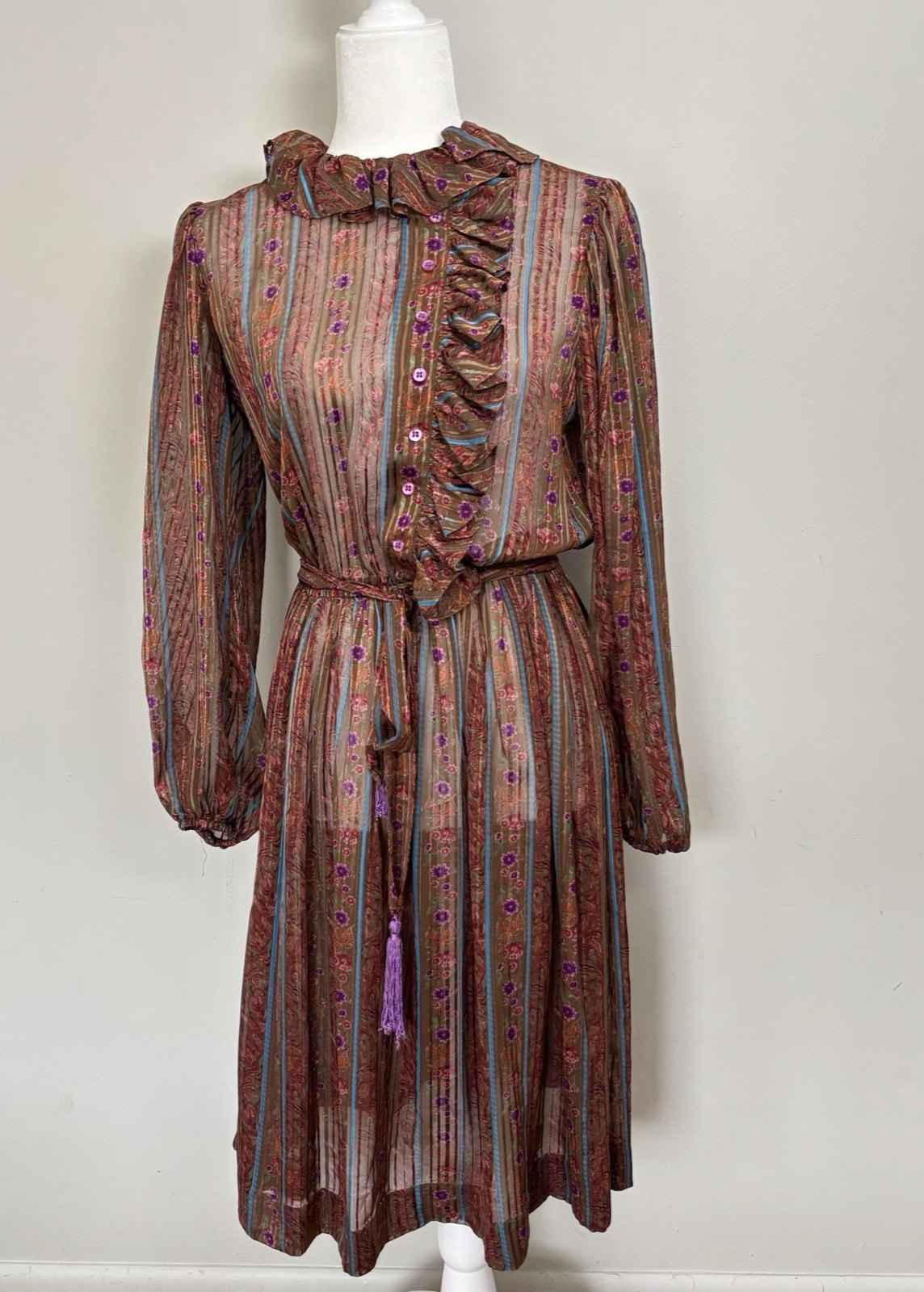 The Kollection VTG 70’s Sheer Floral Ruffle Button Front Belted Midi Dress-M