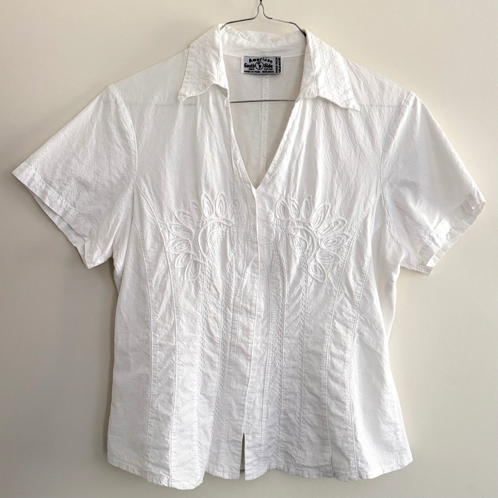 White Cotton Embroidered Boho Button Up Collared Shirt Prairie Western Size XL