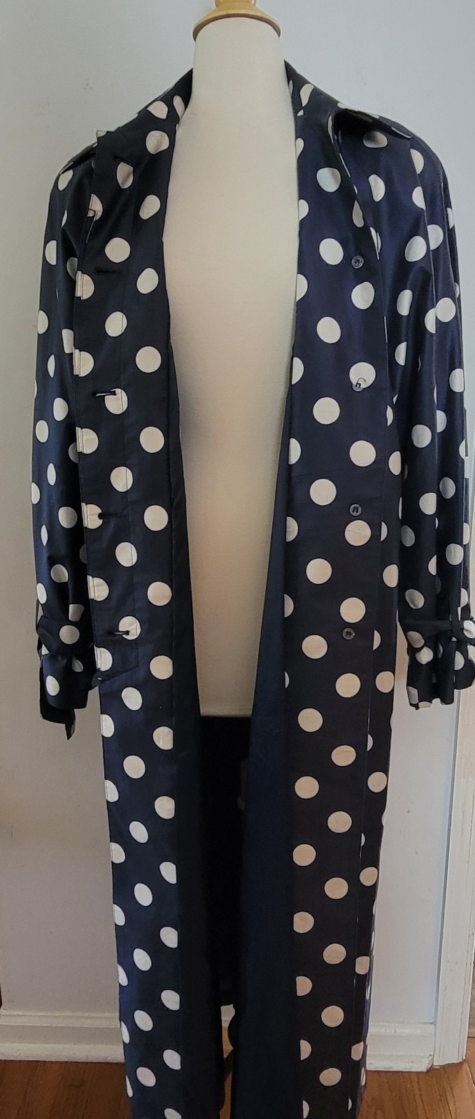 VINTAGE Count Romi Trench Coat Size 14 Navy/White Polka Dots Belted Buttons EUC