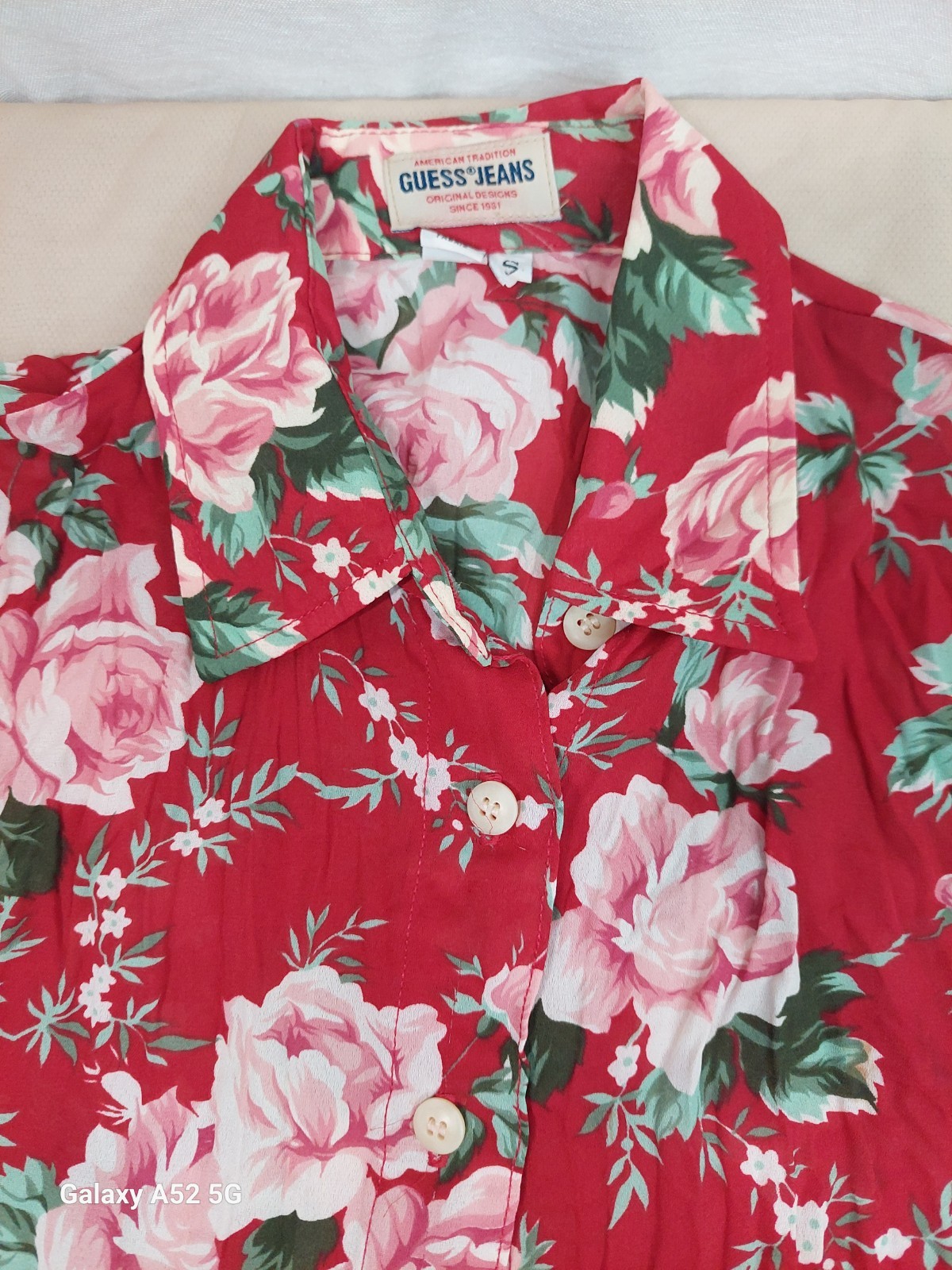 Vintage GUESS Jeans Floral Blouse USA S Red Pink Roses Button Up 90s Cottagecore